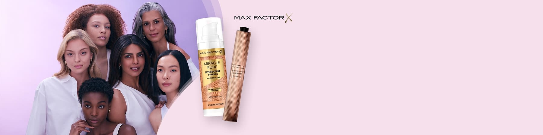 Zwei Max Factor Kosmetikprodukte auf rosa Hintergrund und sechs Models
