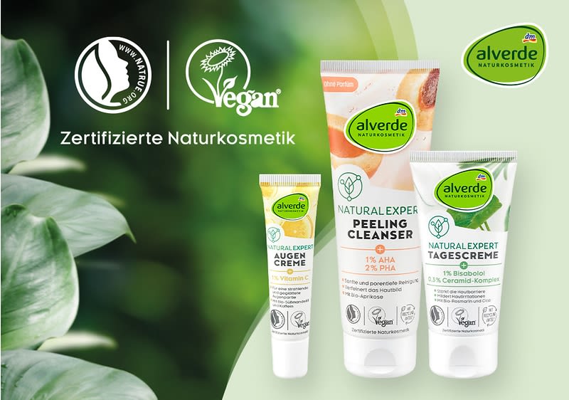 Alverde Naturkosmetik-Produkte vor grünem Hintergrund