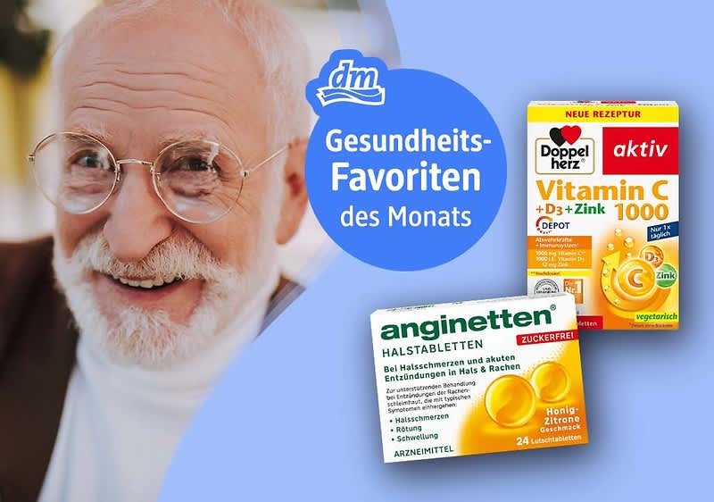 Zwei Produktverpackungen vor einem blauen Hintergrund mit dem dm-Logo, links Doppelherz Vitamin C + D3 + Zink 1000 in Gelb und Orange, rechts Mivolis Isländisch Moos Halspastillen in Weiß mit grünem Moosbild, daneben der Text „Gesundheits-Favoriten des Monats“