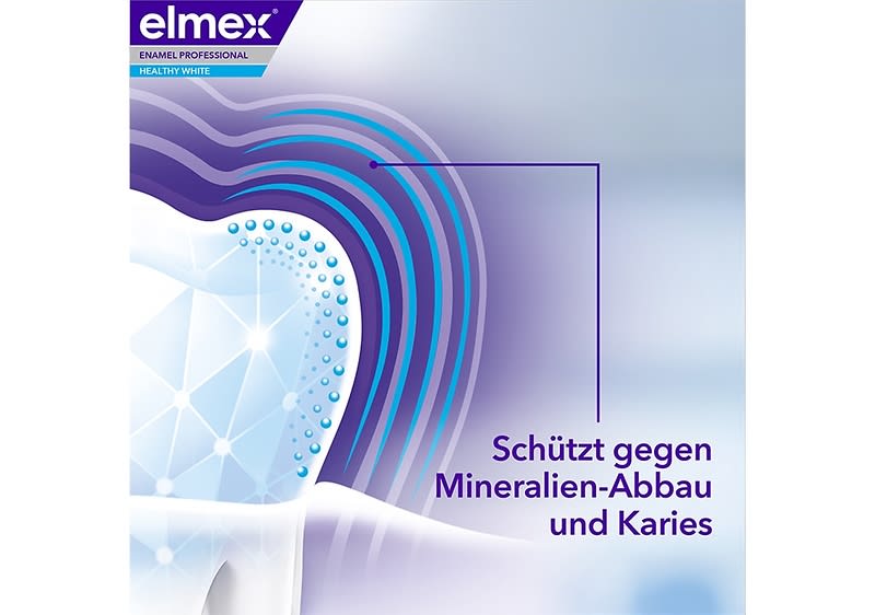 Produktverpackung einer Zahnpasta mit der Aufschrift „elmex ENAMEL PROFESSIONAL HEALTHY WHITE“, daneben eine grafische Darstellung eines Zahns mit blauen und violetten Linien, darunter der Text „Schützt gegen Mineralien-Abbau und Karies“
