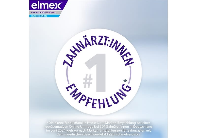 Produktverpackung mit der Aufschrift „Zahnärzt:innen Empfehlung #1“ in lila auf einem weißen Kreis, oben links das Logo von elmex mit der Aufschrift „Enamel Professional Healthy White“, unten ein Hinweistext zur Umfrage und Empfehlung