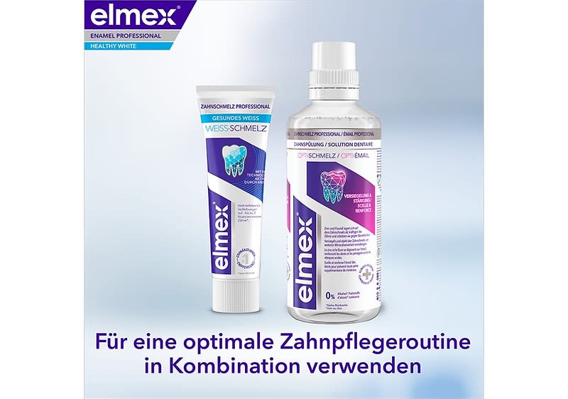 Eine Zahnpasta und eine Mundspülung der Marke Elmex mit der Aufschrift „Zahnpflege Professional“ und „Gesundes Weiß“, darunter der Text „Für eine optimale Zahnpflegeroutine in Kombination verwenden“