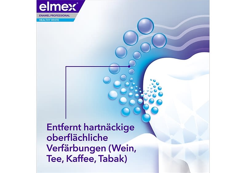 Produktverpackung der Zahncreme Elmex Enamel Professional mit der Aufschrift „Entfernt hartnäckige oberflächliche Verfärbungen (Wein, Tee, Kaffee, Tabak)“ und blauen Blasen, die von einem Zahn ausgehen
