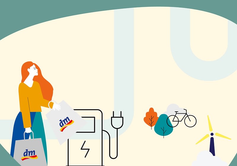 Illustration Windrad, Frau mit dm Tüte und Fahrrad