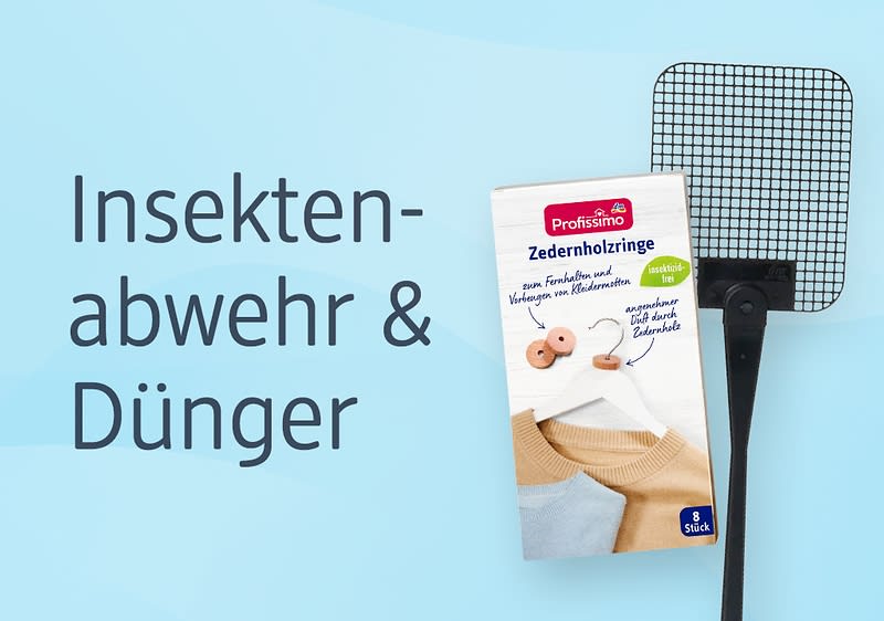 Eine Packung Profissimo Zedernholzringe mit der Aufschrift „Zum Schutz vor Motten“ und „Natürlicher Duft frischer Zedernholz“. Daneben eine schwarze Fliegenklatsche. Links steht der Text „Insektenabwehr & Dünger“