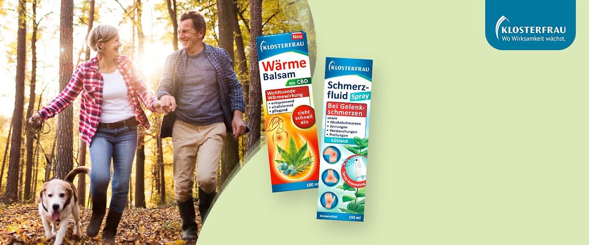 Zwei Produktverpackungen von Klosterfrau. Links eine Verpackung mit der Aufschrift „Wärme Balsam mit CBD“ und einem Bild von Hanfblättern, rechts eine Verpackung mit der Aufschrift „Schmerzfluid Spray“ und einem Bild von Pfefferminzblättern. Oben rechts das Logo von Klosterfrau mit dem Slogan „Wo Wirksamkeit wächst“