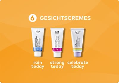 Drei Tuben mit Gesichtcremes der Marke Nø Cosmetics auf einem orangefarbenen Hintergrund, die Tuben sind von links nach rechts beschriftet mit rain today in blau, strong today in lila und celebrate today in grün, darüber steht in weißer Schrift 6 GESICHTSCREMES