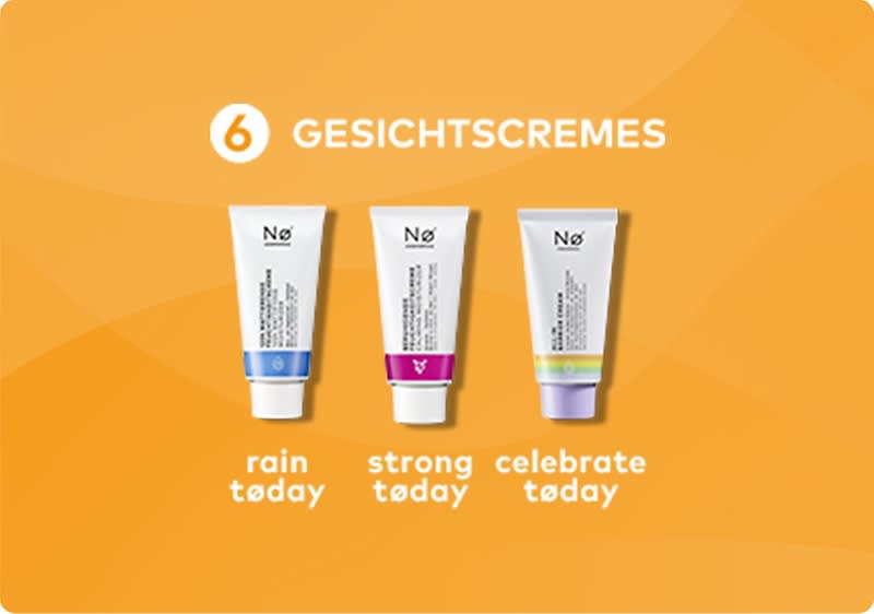 Drei Tuben mit Gesichtcremes der Marke Nø Cosmetics auf einem orangefarbenen Hintergrund, die Tuben sind von links nach rechts beschriftet mit rain today in blau, strong today in lila und celebrate today in grün, darüber steht in weißer Schrift 6 GESICHTSCREMES