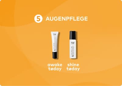 Auf einem orangefarbenen Hintergrund sind zwei Augenpflegeprodukte der Marke Nø Cosmetics abgebildet, links eine kleine Tube mit der Aufschrift awake today und rechts ein Fläschchen mit der Aufschrift shine today, darüber steht in weißer Schrift 5 AUGENPFLEGE