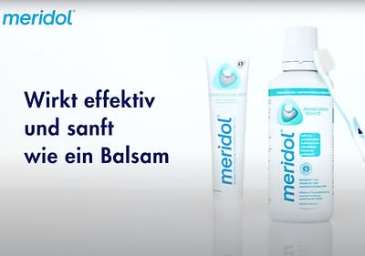 Meridol Zahnpasta und Mundspülung mit dem Satz "meridol wirkt effektiv und sanft wie ein Balsam"