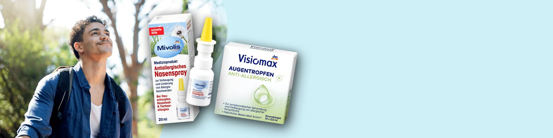 Eine Packung Mivolis Antiallergisches Nasenspray mit 20 ml Inhalt neben einer Packung Visiomax Augentropfen Euphrasia für gereizte Augen, 10 x 0,4 ml