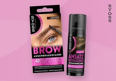 Syoss Augenbrauen-Farbe und Ansatzretoucher Verpackung auf rosa Hintergrund