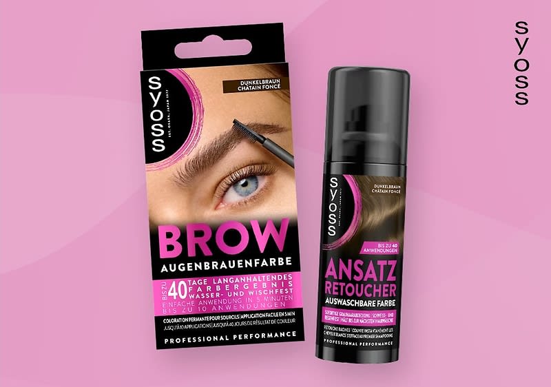 Syoss Augenbrauen-Farbe und Ansatzretoucher Verpackung auf rosa Hintergrund