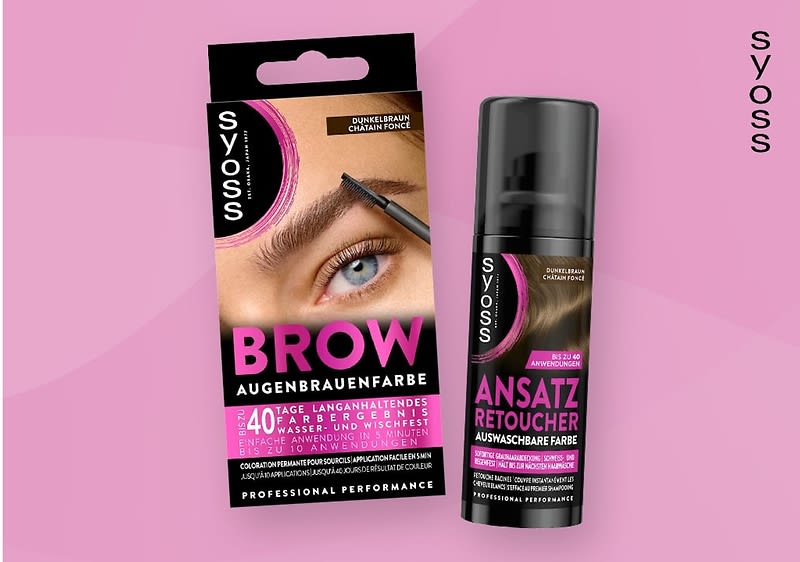 Syoss Augenbrauen-Farbe und Ansatz Retoucher Verpackung auf rosa Hintergrund