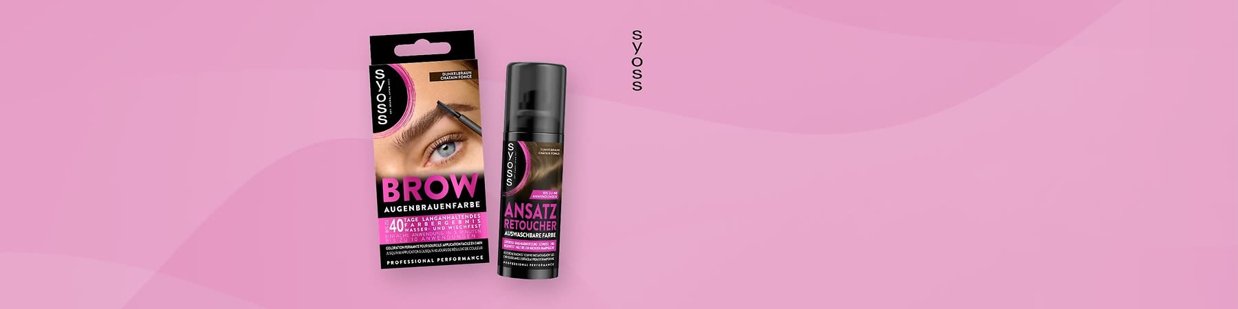 Syoss Augenbrauen-Farbe und Ansatz Retoucher Verpackung auf rosa Hintergrund