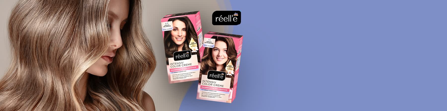 Profil einer Frau mit welligem, hellbraun-blondem Haar links, daneben zwei rosa Verpackungen der Marke „réell’e“ mit der Aufschrift „Intensiv Color Creme Dauerhafte Coloration“ und Produktabbildungen von Frauen, oben rechts schwarzes „réell’e“-Logo