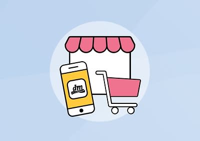 Illustration eines Smartphones mit dm-Logo neben einem Einkaufswagen und einem Geschäft mit rotem Vordach