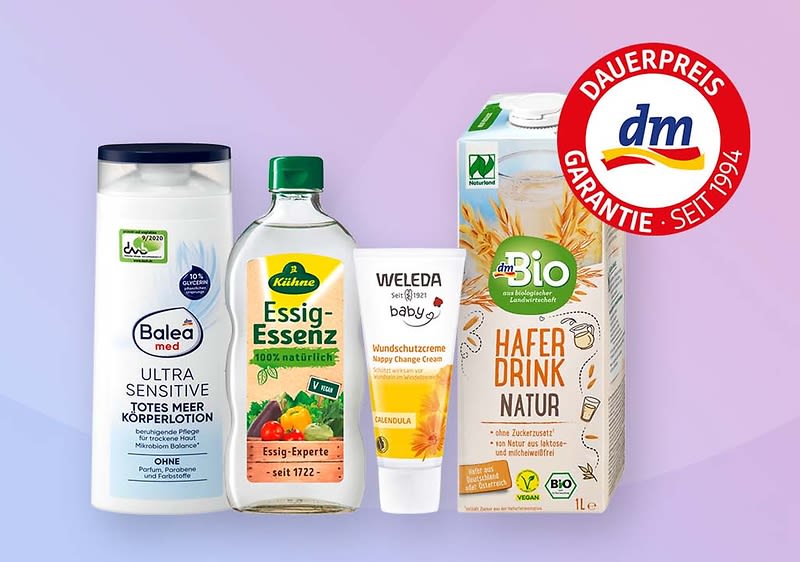Produktvielfalt mit dm-Dauerpreisgarantie Siegel