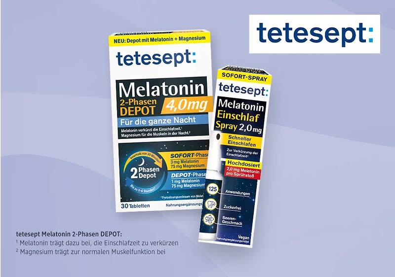Zwei Produktpackungen von tetesept vor hellem Hintergrund: links eine weiße Schachtel mit der Aufschrift „Melatonin 2-Phasen DEPOT 4,0 mg Für die ganze Nacht“ und Hinweisen auf „30 Tabletten“ und „Sofort‑Phase/Depot‑Phase“, rechts eine weiße und blaue Schachtel mit der Aufschrift „Magnesium 500 Nacht Für entspannte Muskeln im Schlaf“, einem runden Mg‑Symbol, Hinweis „98% Zufriedenheit“ und „30 Dragees“ sowie dem tetesept‑Logo oben rechts