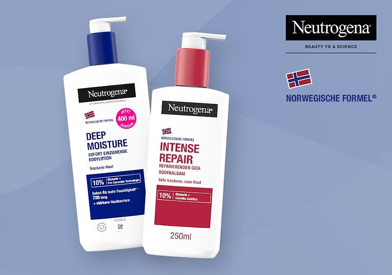 Zwei Neutrogena-Flaschen mit Pumpverschluss, links eine blaue Flasche mit der Aufschrift Neutrogena Deep Moisture Sofort einziehende Bodylotion für trockene Haut, 400 ml, rechts eine weiße Flasche mit der Aufschrift Neutrogena Intense Repair Reparierende CICA Bodylotion für sehr trockene, raue Haut, 250 ml, beide mit dem Hinweis 10% Urea für trockene Haut und der norwegischen Flagge, oben rechts das Neutrogena-Logo mit dem Slogan Beauty to a Science.