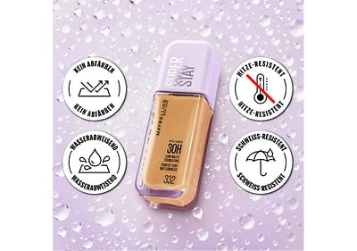 Vier Flaschen Super Stay Make-up mit 30 h Halt, LSF 16 und schweissfest