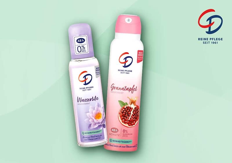 Zwei Deodorant-Dosen der Marke CD auf hellgelbem Hintergrund, links eine lila Roll-on-Flasche mit Aufschrift „Wasserlilie“, rechts ein rosa Spray mit Aufschrift „Granatapfel“, oben rechts Logo „CD Reine Pflege seit 1961“