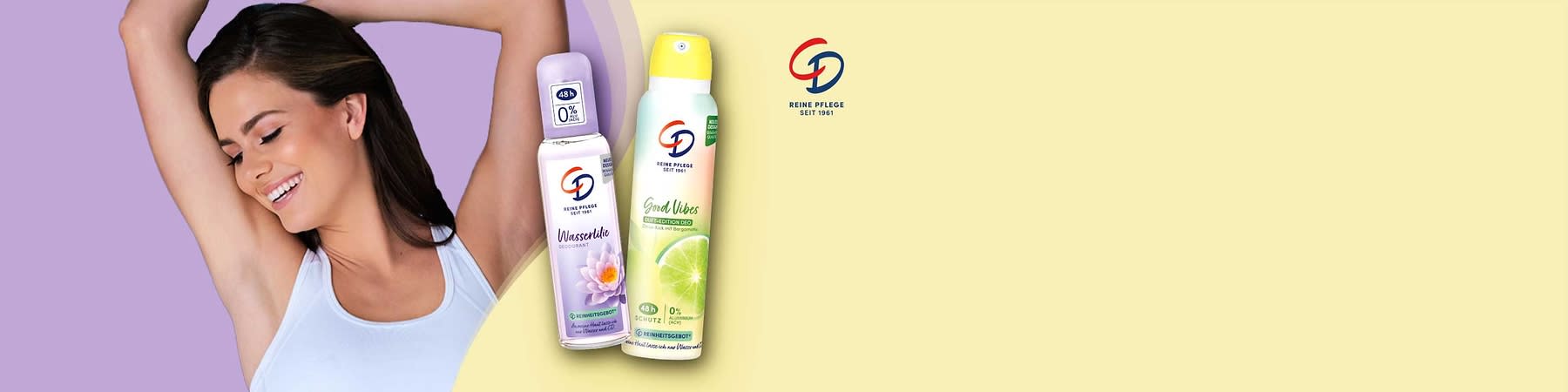 Zwei Deodorant-Sprays der Marke mit Logo „RD / Reine Pflege seit 1961“, links lila Flasche mit Aufschrift „Wasserlilie“, rechts grün-gelbe Flasche mit Aufschrift „Good Vibes“ und Limettengrafik, beide mit „48h“ und „0%“ Kennzeichnung