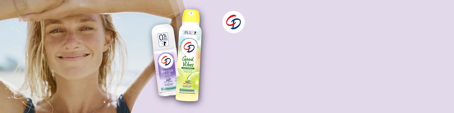 Zwei Deodorantflaschen der Marke CD, links eine weiße Flasche mit lila Akzenten und der Aufschrift „Wasserlilie“, rechts eine gelbe Flasche mit grünen Akzenten und der Aufschrift „Good Vibes“ sowie einem Limettenmotiv, beide mit dem CD-Logo und dem Hinweis „0 % Aluminium“