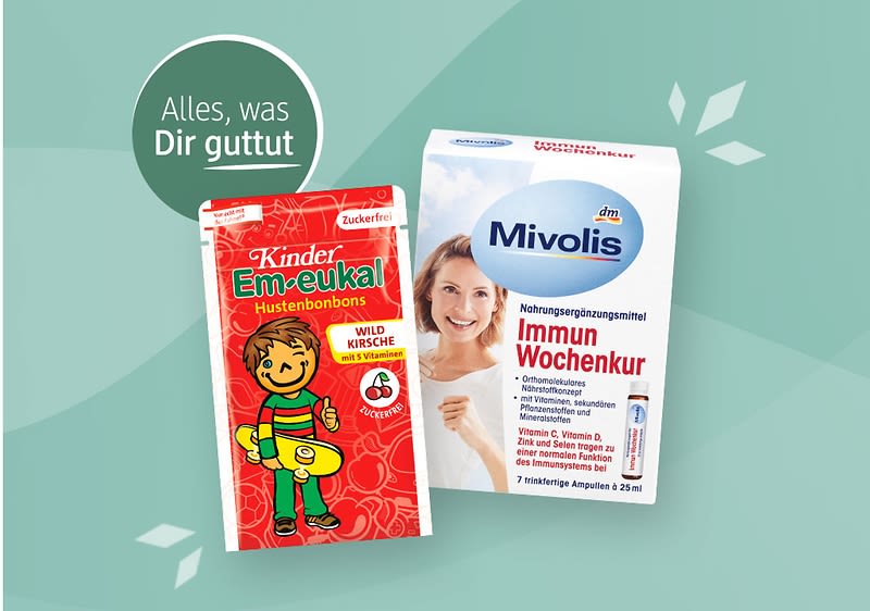 Links eine rote Verpackung von Kinder Em-eukal Hustenbonbons mit der Aufschrift „Wildkirsche“ und einem lächelnden Kind in gelbem Pullover, rechts eine weiße Verpackung von Mivolis Immun Wochenkur mit blauer und roter Schrift auf grünem Hintergrund, oben links der Text „Alles, was Dir guttut“