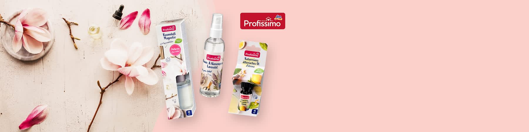 Drei Profissimo Produkte: Raumduft Apfel-Zimt, Ätherisches Öl Kiefernnadel Lavandin, Parfum Öl Zimt