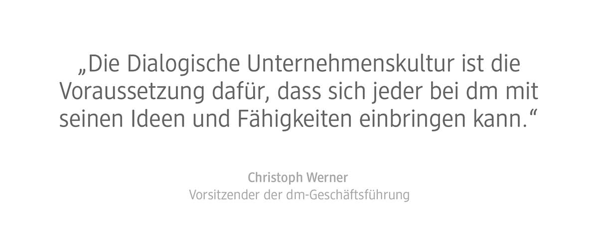 Ein Zitat von Christoph Werner, dem Vorsitzenden der dm-Geschäftsführung, in dem er die dialogische Unternehmenskultur als Voraussetzung dafür beschreibt, dass sich jeder bei dm mit seinen Ideen und Fähigkeiten einbringen kann, darunter steht sein Name und Titel in kleinerer Schriftgröße