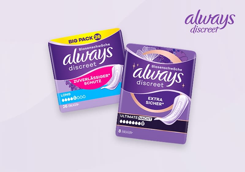 Zwei Always Discreet Inkontinenzprodukte.