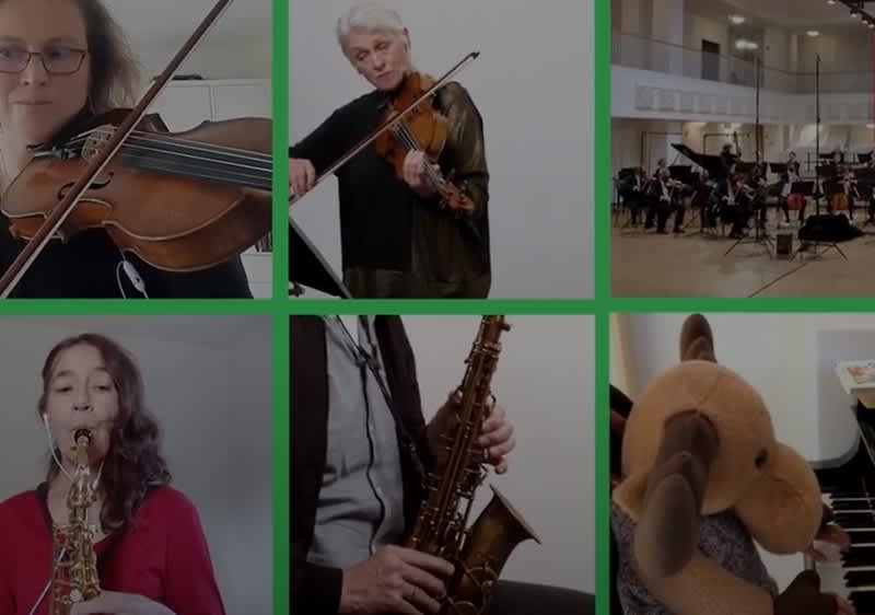 Collage von Musikern und Orchester