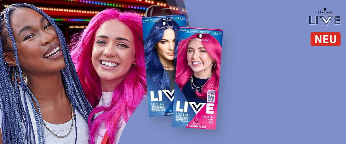 Zwei Haarfärbemittel-Packungen in Blau und Pink
