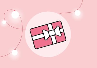 Illustration einer rosa Geschenkkarte mit weißer Schleife und Band vor einem rosa Hintergrund mit Lichterkette