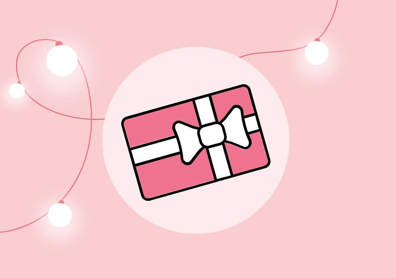 Illustration einer rosa Geschenkkarte mit weißer Schleife und Band vor einem rosa Hintergrund mit Lichterkette