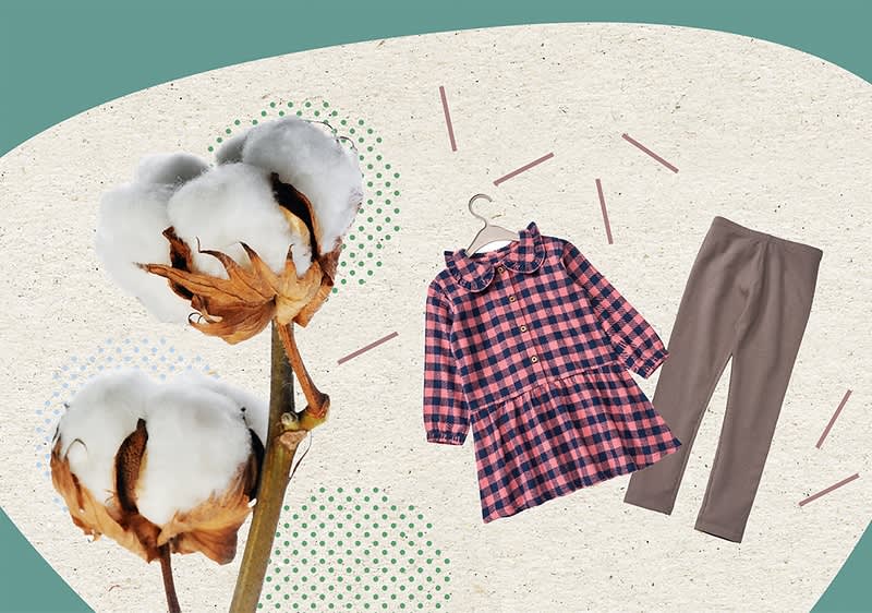 Eine Collage zeigt links zwei Baumwollpflanzen mit weißen, flauschigen Fasern, während rechts ein kariertes Kinderkleid in Rot und Blau mit einem Kragen und langen Ärmeln neben einer braunen Leggings auf einem beigen Hintergrund mit grünen und rosa grafischen Elementen liegt