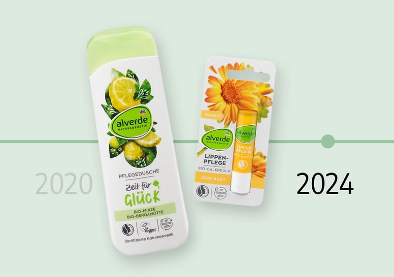 Eine Alverde Pflegedusche mit Zitronenmotiv und der Aufschrift „Zeit für Glück“ neben einem Alverde Lippenpflegeprodukt mit Ringelblumenmotiv auf einer Verpackungskarte