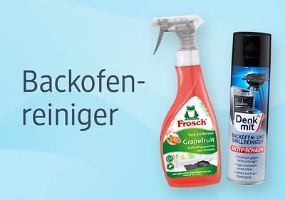 Zwei Flaschen Backofenreiniger, links Frosch Grapefruit Fett-Entferner in roter Flasche, rechts Denk mit Backofen- und Grillreiniger in schwarzer Flasche mit blauem Etikett, daneben der Text „Backofenreiniger“