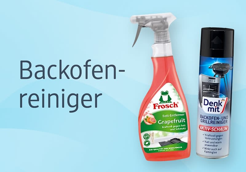 Zwei Flaschen Backofenreiniger, links Frosch Grapefruit Fett-Entferner in roter Flasche, rechts Denk mit Backofen- und Grillreiniger in schwarzer Flasche mit blauem Etikett, daneben der Text „Backofenreiniger“