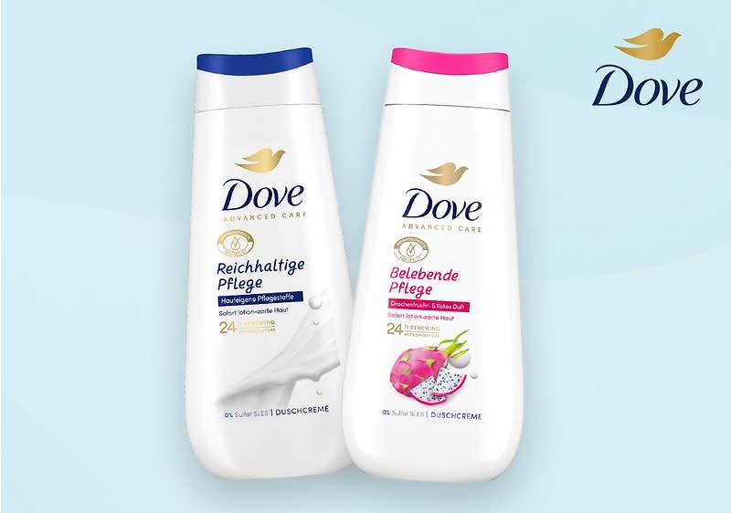 Zwei Dove Duschgels nebeneinander.