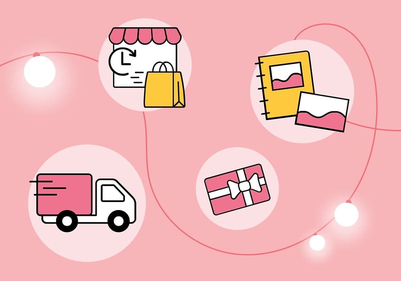 Eine Illustration im einfachen Zeichenstil zeigt vier Symbole: oben links ein Geschäft mit Uhr und Einkaufstasche, oben rechts ein Notizbuch und eine Karte, unten links ein Lieferwagen, unten rechts ein Geschenk mit Schleife auf rosa Hintergrund mit Lichterkette