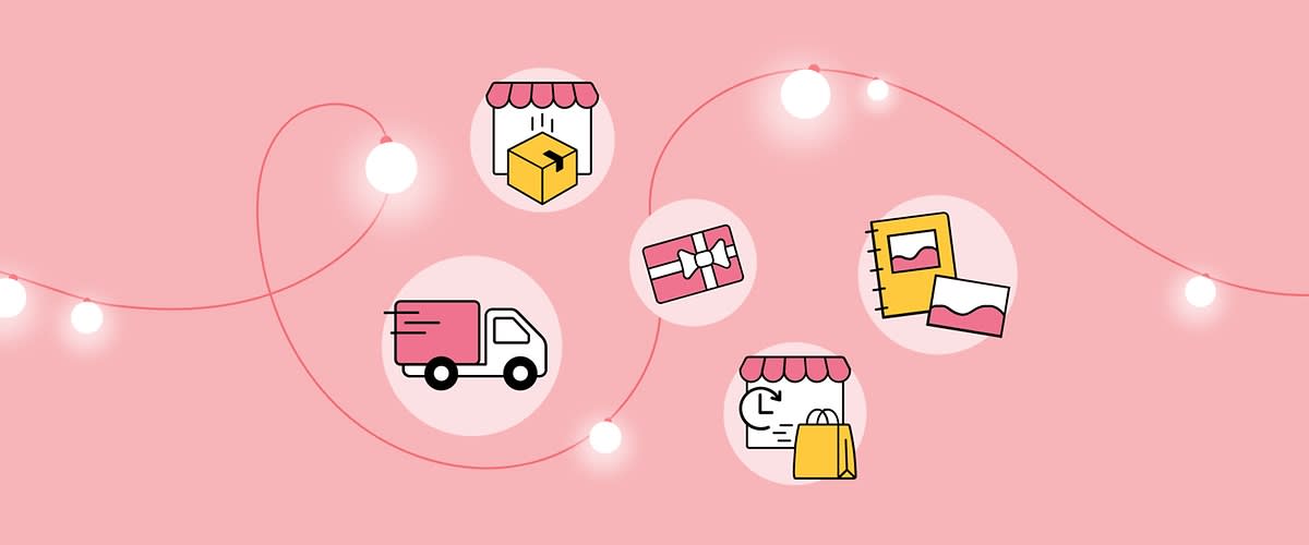Eine Illustration im einfachen Zeichenstil zeigt vier Symbole: oben links ein Geschäft mit Uhr und Einkaufstasche, oben rechts ein Notizbuch und eine Karte, unten links ein Lieferwagen, unten rechts ein Geschenk mit Schleife auf rosa Hintergrund mit Lichterkette