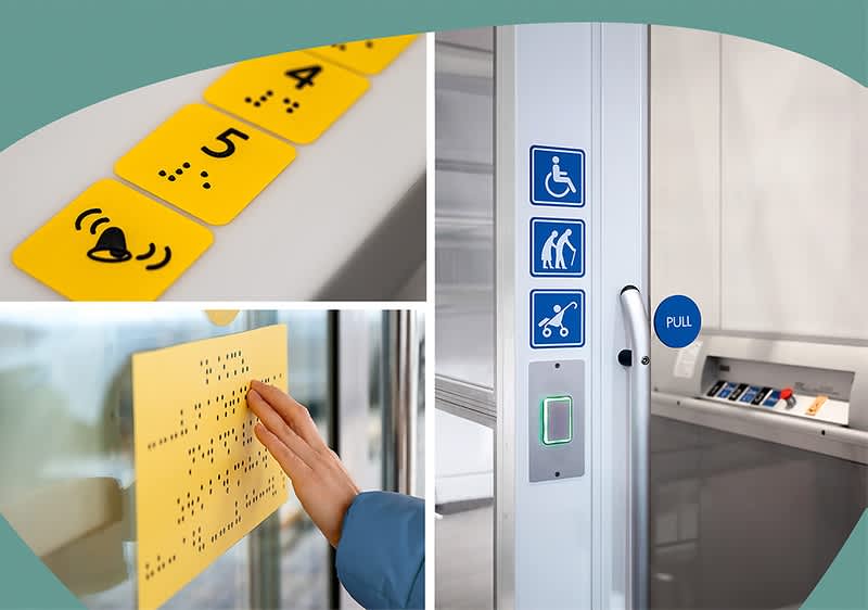 Collage von Brailleschrift und barrierefreien Symbolen.