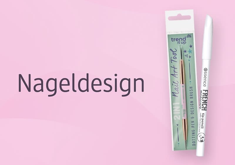 Nageldesign-Werkzeug und Stift auf Rosa.