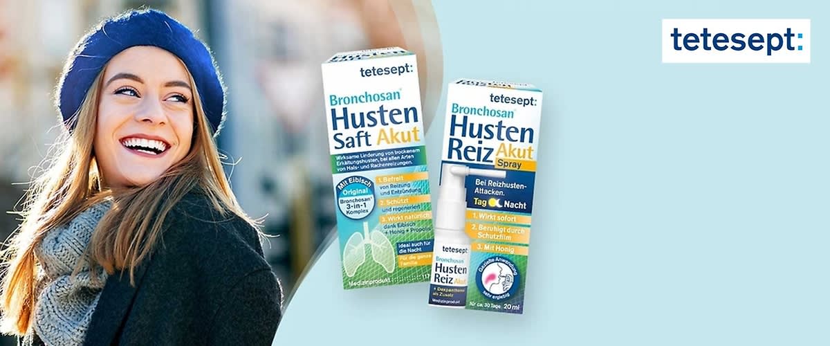 Zwei Produktverpackungen von tetesept, links eine grüne Packung mit der Aufschrift „Bronchosan Husten Saft Akut“ und rechts eine gelbe Packung mit der Aufschrift „Bronchosan Husten Reiz Akut Spray“