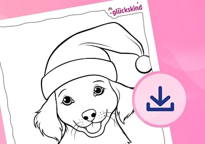 Hund mit Weihnachtsmütze zum Ausmalen.