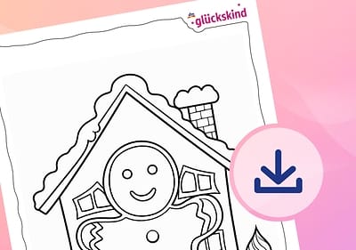 Malvorlage eines Lebkuchenhauses mit Download-Symbol.