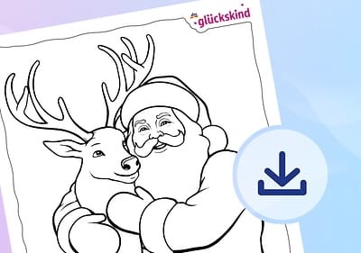 Weihnachtsmann umarmt Rentier.