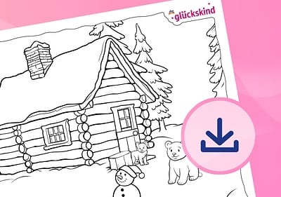 Holzhaus im Schnee mit Tieren.